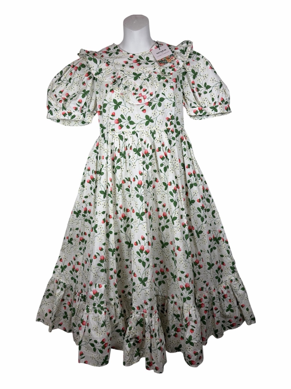 Batsheva x Laura Ashley May Strawberry Dress Cotton Ruffle Midi 6 Puff Sleeve